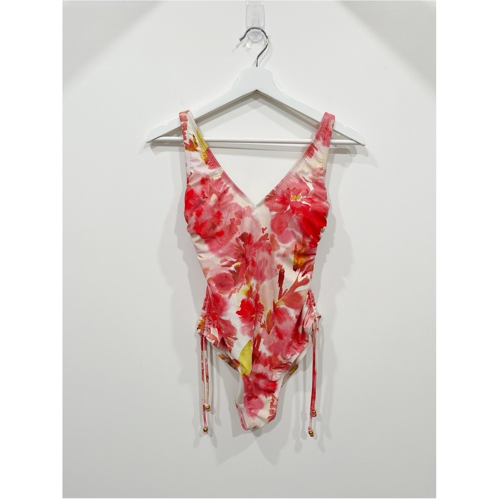 Shade & Shore Pink Floral Ruched V-Neck One Piece Swimsuit Size Small 4-6 - Picture 3 of 13